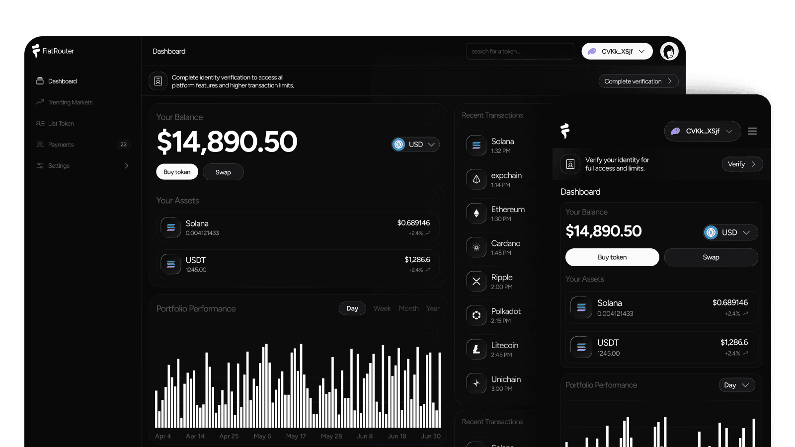 FiatRouter's crypto dashboard on desktop and mobile, with a $14,890.50 balance, token assets and portfolio performance