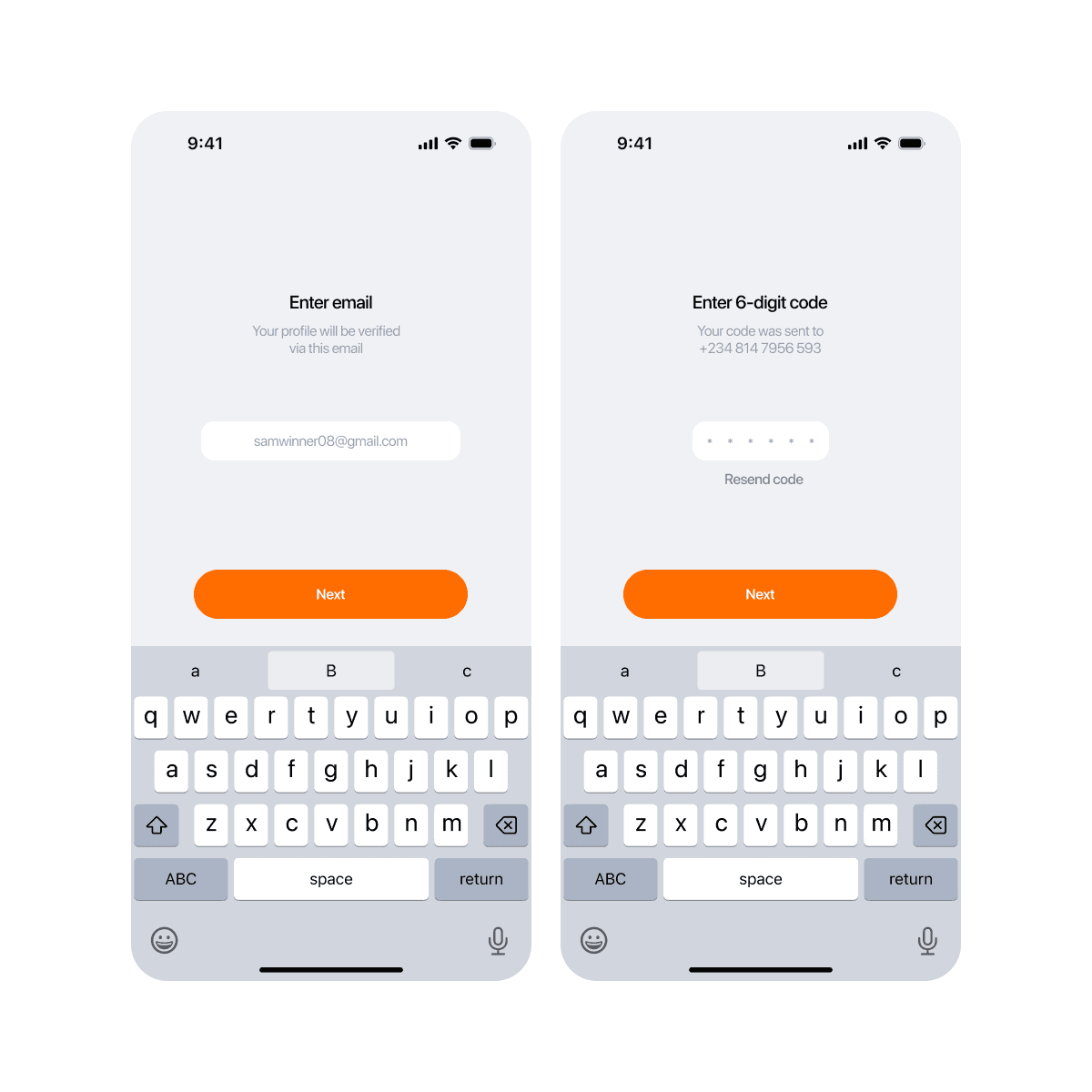 Two sign-up screens: entering an email address and entering a six-digit code, each with an orange Next button