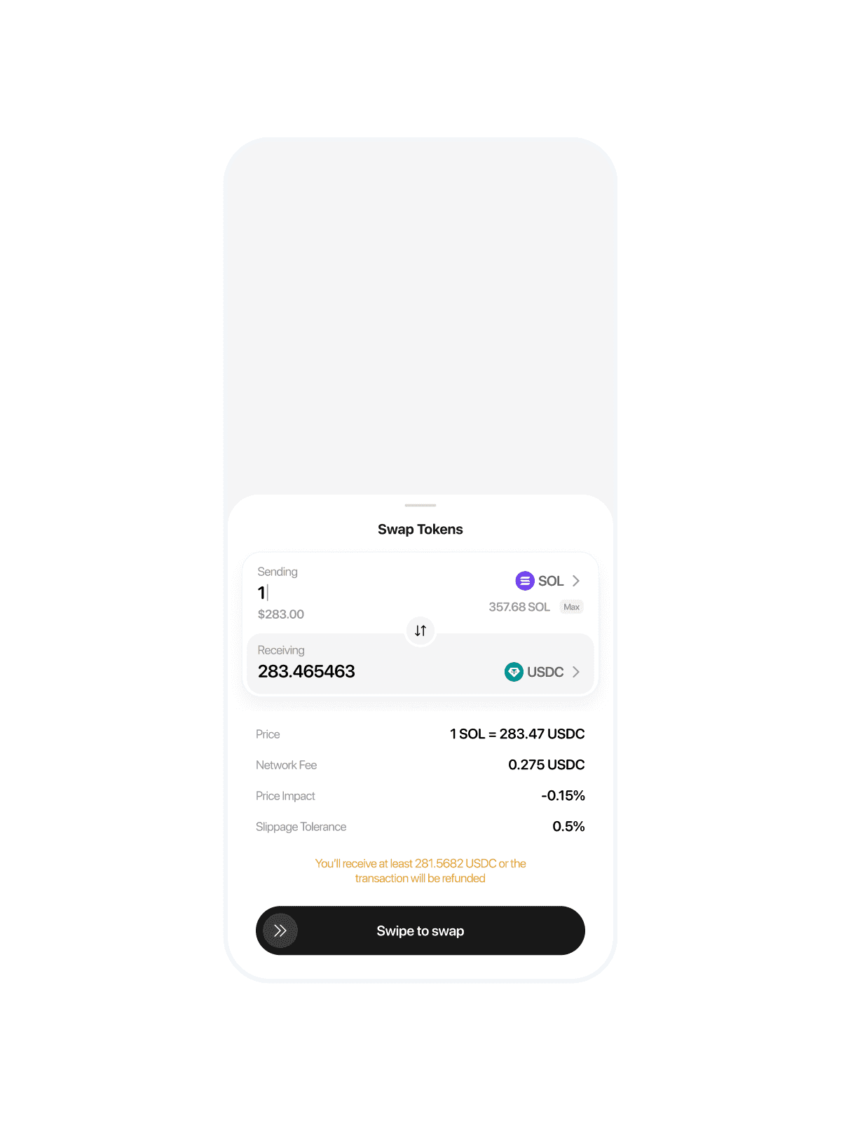 A swap sheet sending 1 SOL for 283.47 USDC, with price, network fee, price impact and slippage, and a swipe-to-swap button
