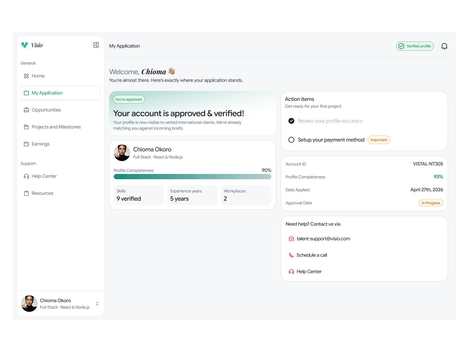 Visio's talent dashboard showing an approved and verified application, profile completeness and action items