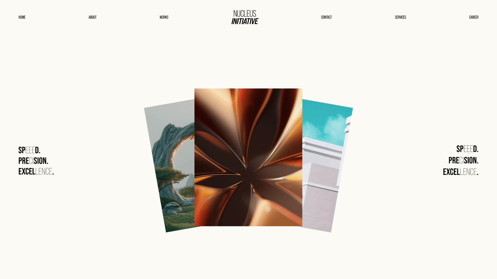 The Nucleus Initiative landing page, with fanned image cards between the words Speed, Precision and Excellence