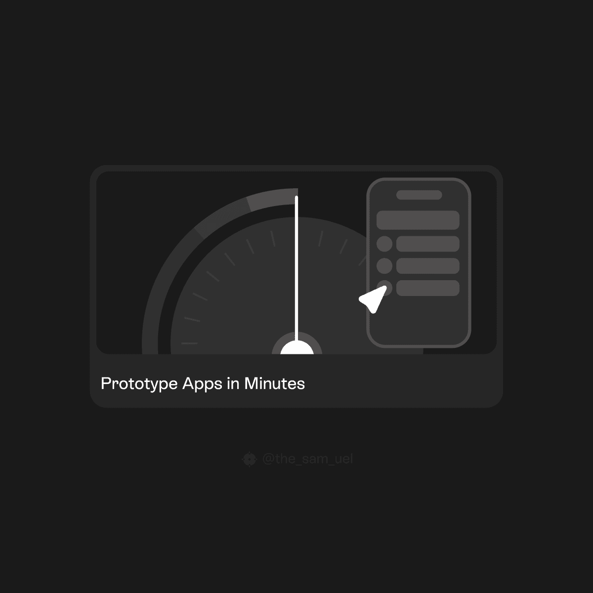 A dark illustration of a speedometer beside a wireframe phone, titled Prototype Apps in Minutes