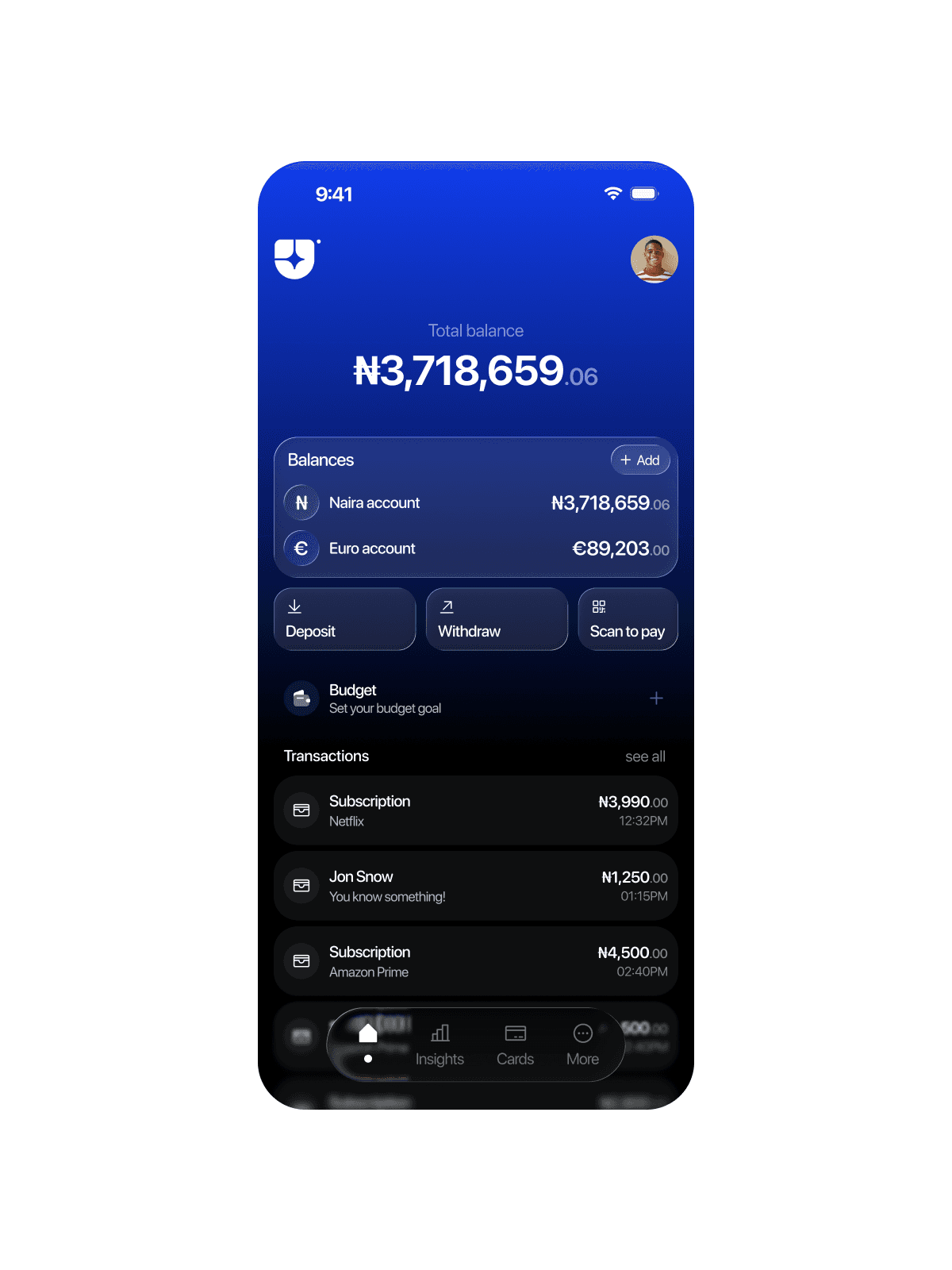 A banking app home with a total balance across Naira and Euro accounts, quick actions and recent transactions