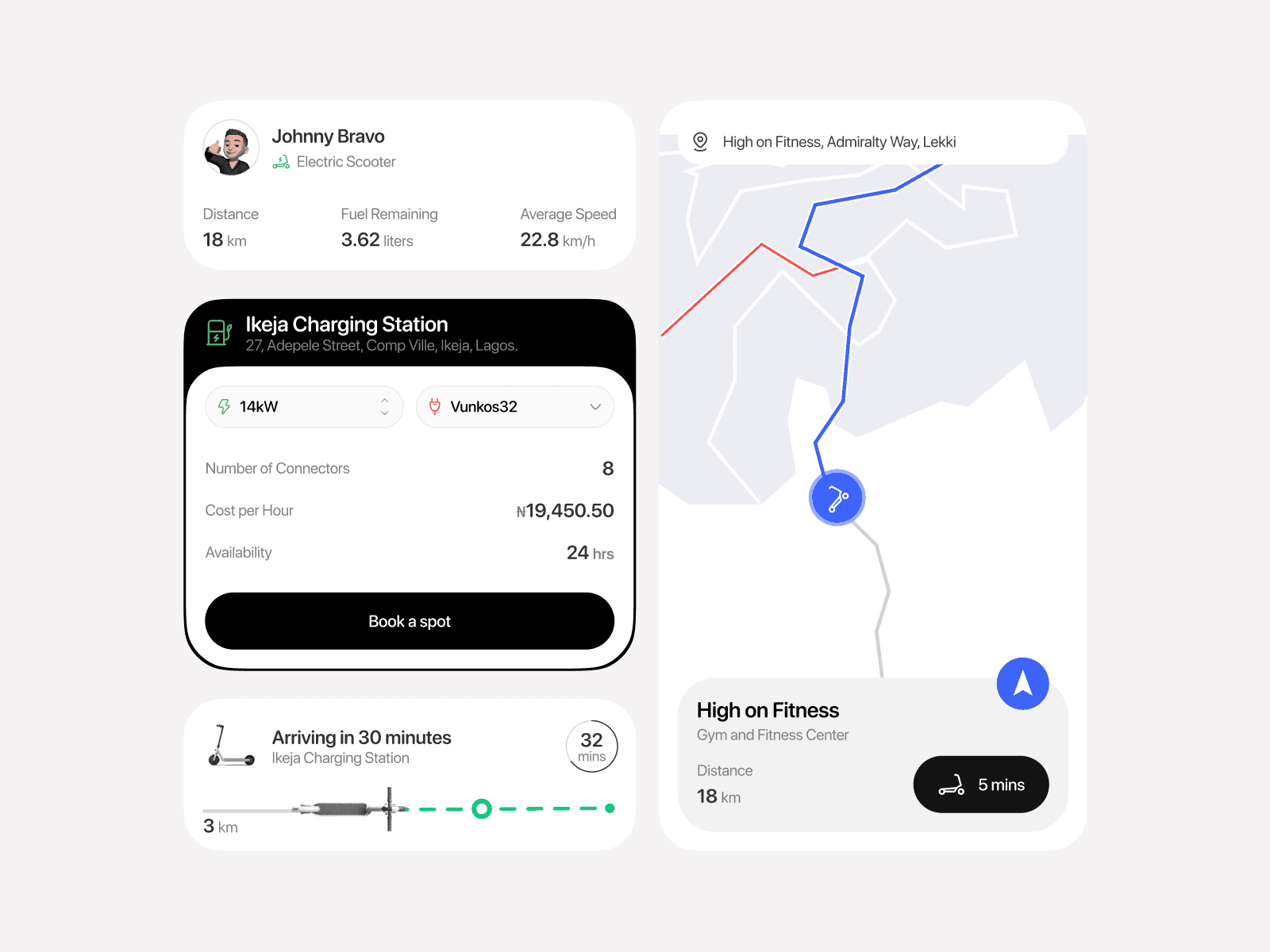 E-scooter interface cards: trip stats, booking a spot at a charging station, an arrival timeline and a route on a map