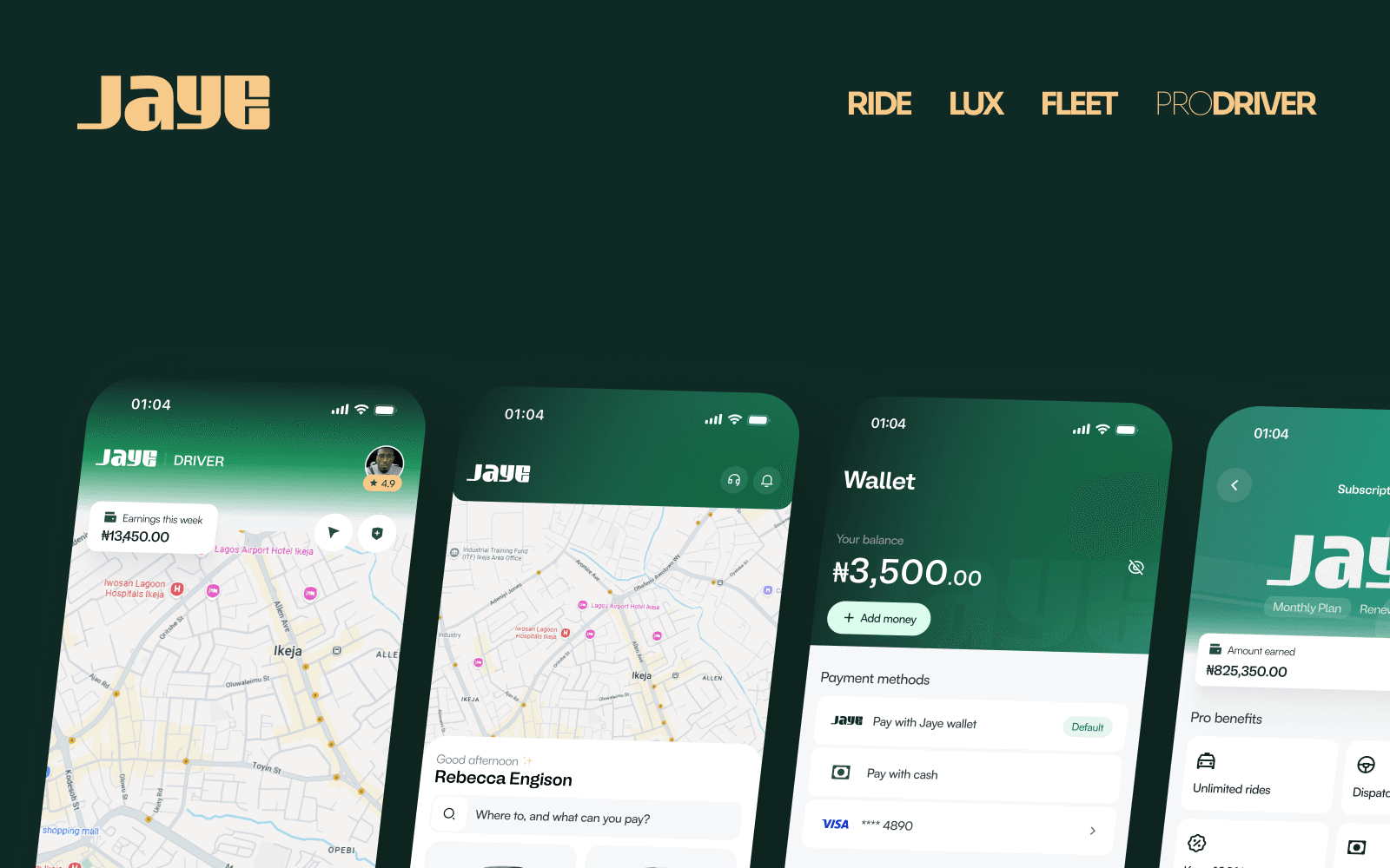 The Jaye logo above driver, map, wallet and subscription screens