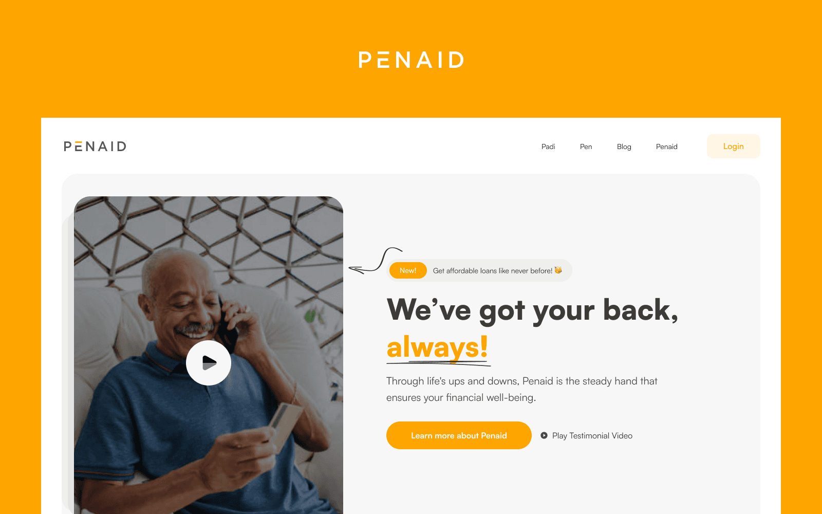 The Penaid logo above its loan landing page, with a smiling customer on the phone