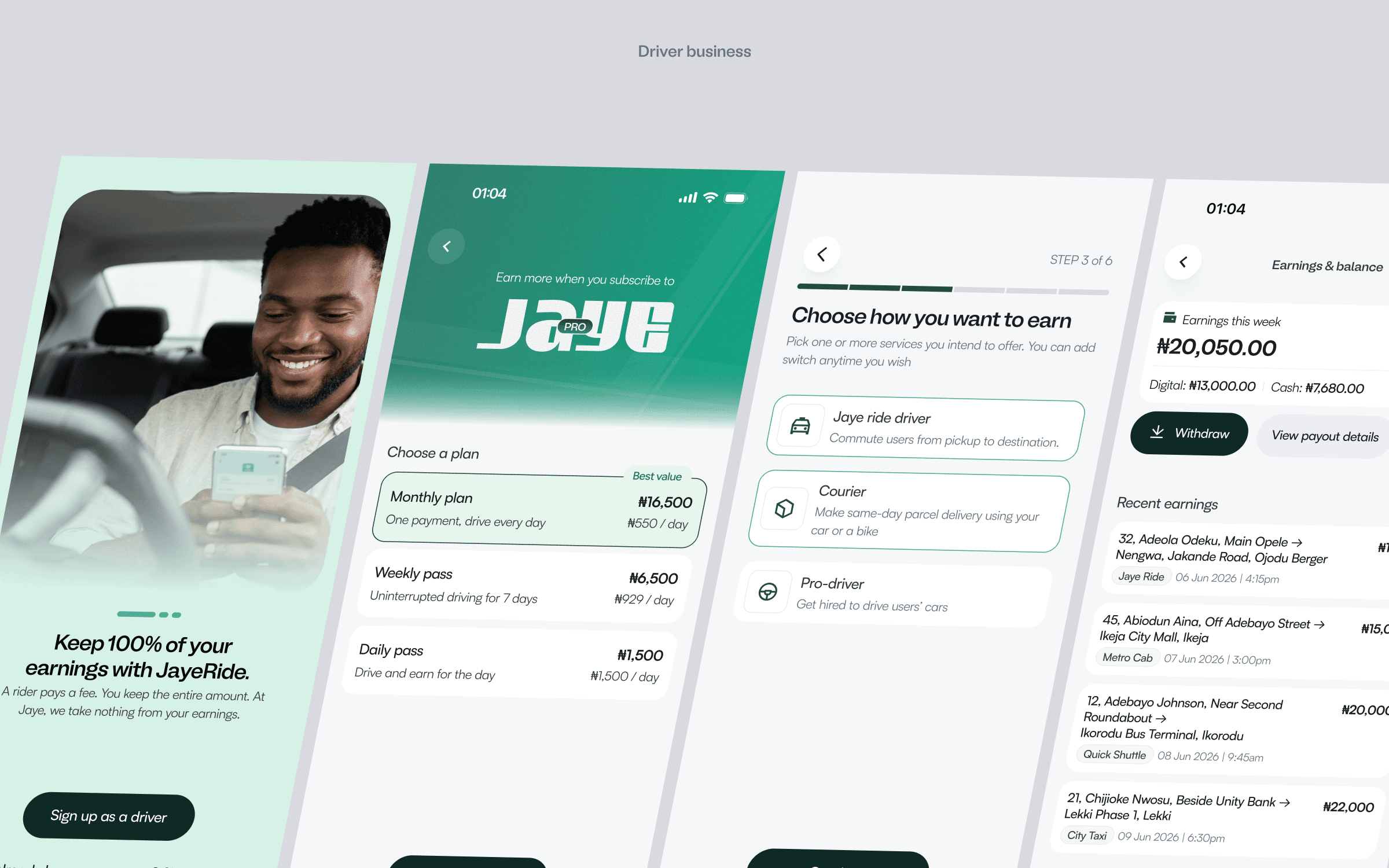 Driver business screens: keeping 100% of earnings, choosing a subscription plan, choosing how to earn, and weekly earnings and balance