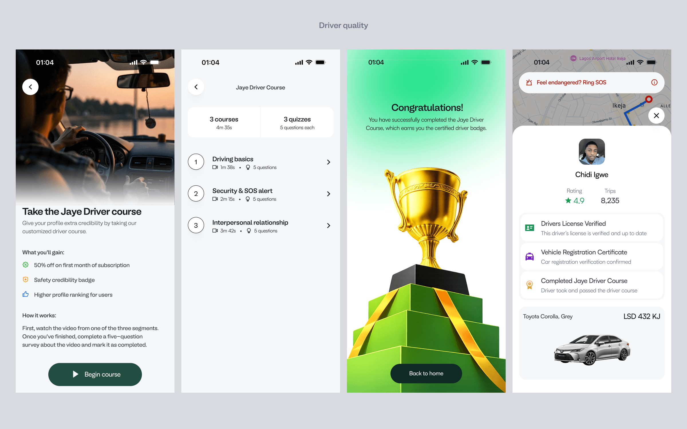 The Jaye Driver course: its introduction, three course modules, a congratulations screen with a trophy, and a driver profile showing the completed course