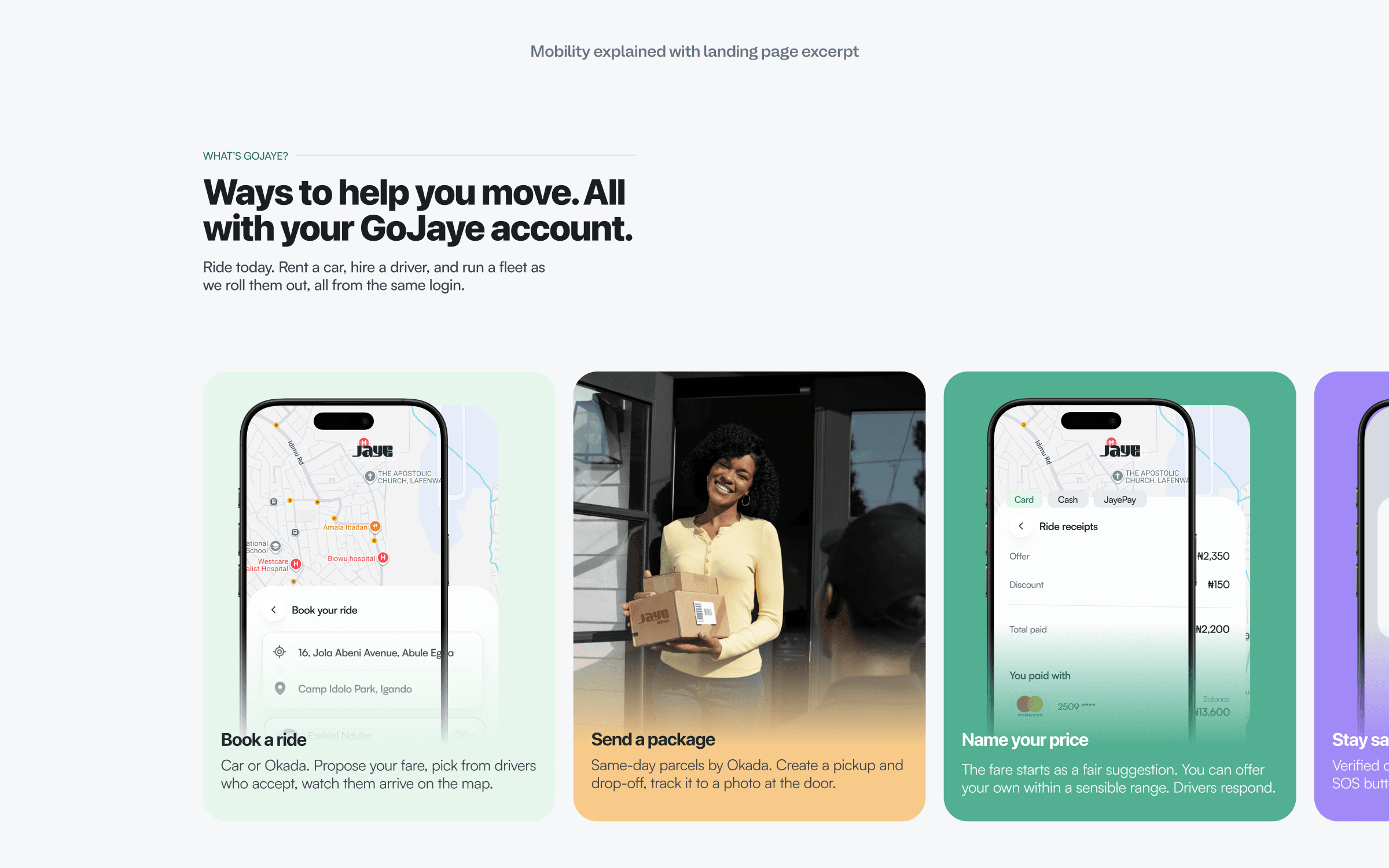 An excerpt from the Jaye landing page: book a ride, send a package and name your price