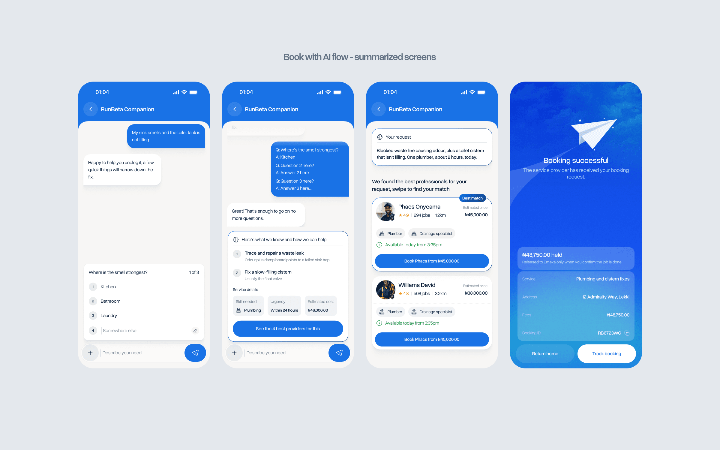 Four Book with AI screens: describing the problem, answering follow-up questions, choosing from matched providers and a confirmed booking