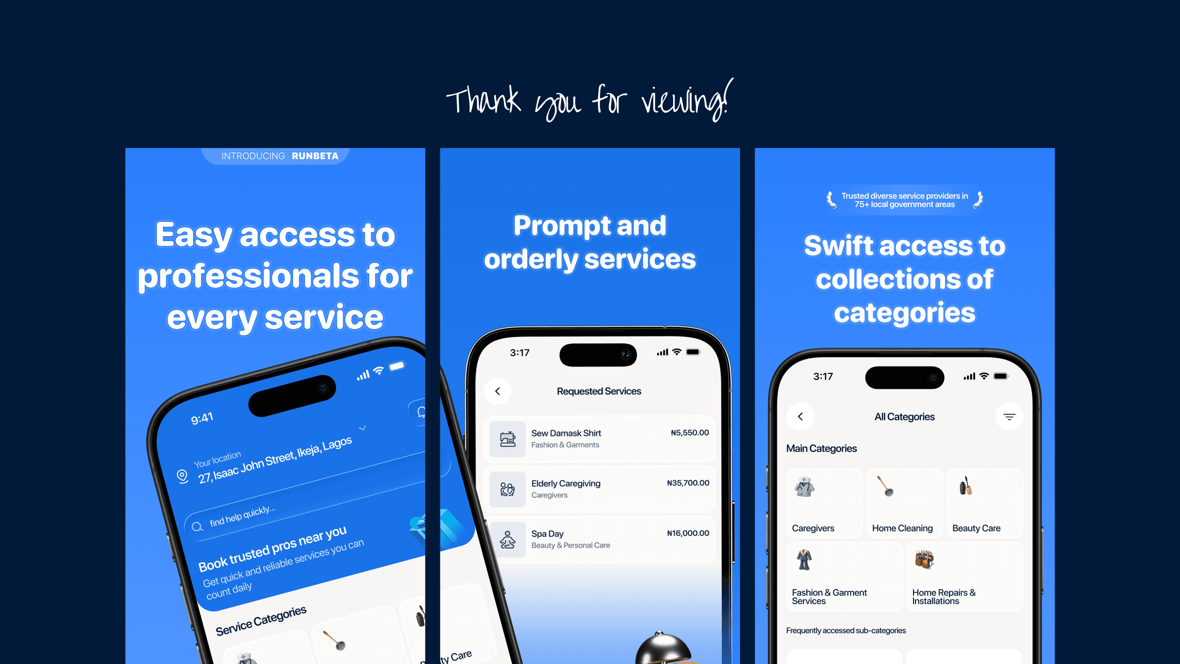 A thank-you slide with three RunBeta screens: easy access to professionals, requested services, and all service categories