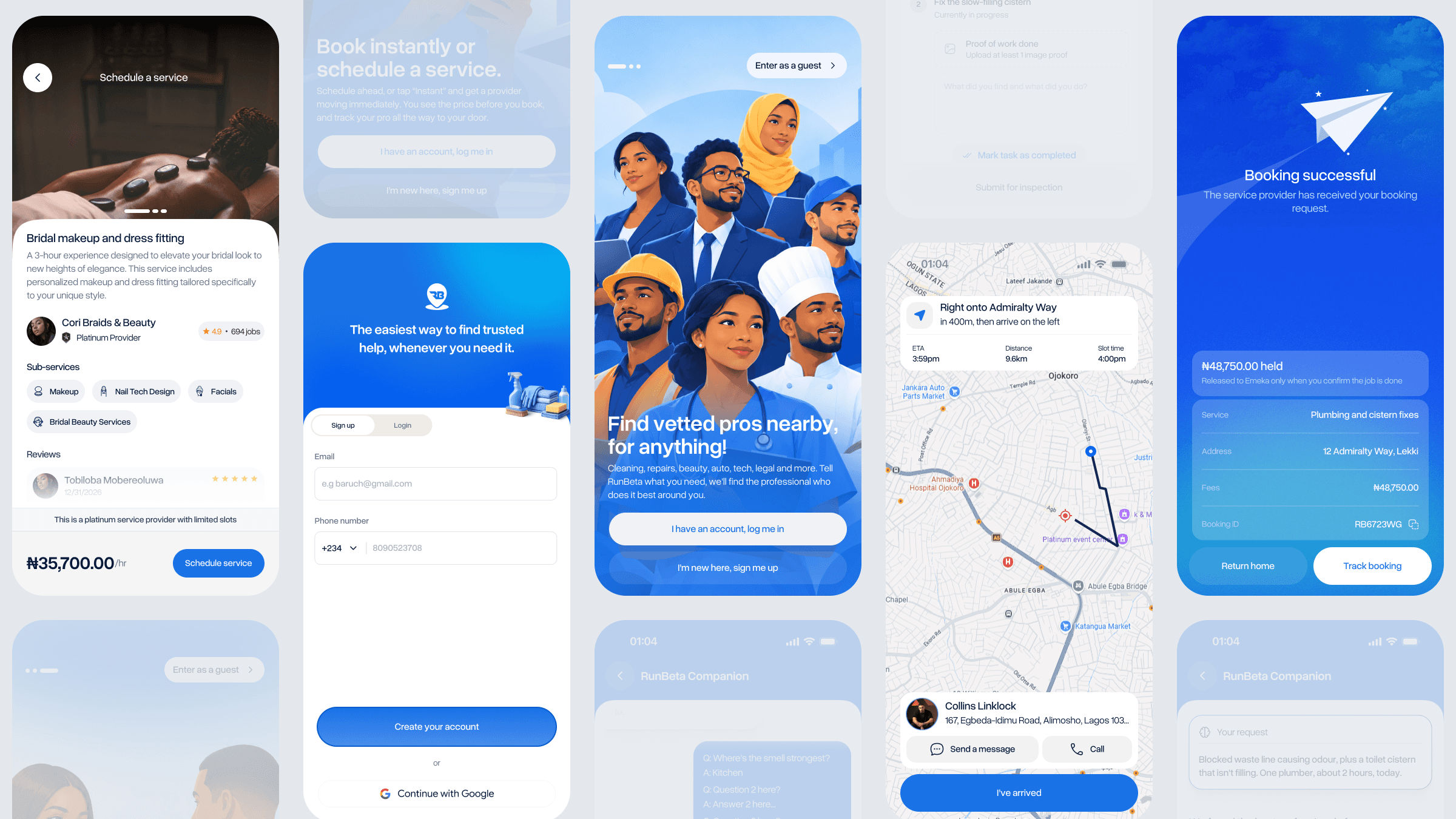 A collage of RunBeta screens: a bridal makeup service, sign-up, onboarding, live navigation to a customer and a successful booking
