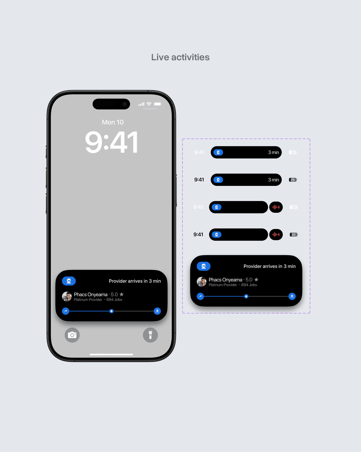 A RunBeta Live Activity on the iOS lock screen and in the Dynamic Island, showing the provider arriving in three minutes