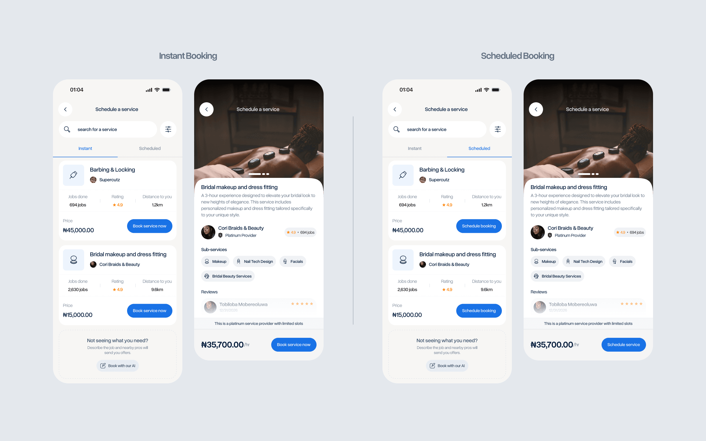 Instant and scheduled booking side by side: the same service list and bridal makeup service page, with Book service now for instant and Schedule booking for scheduled