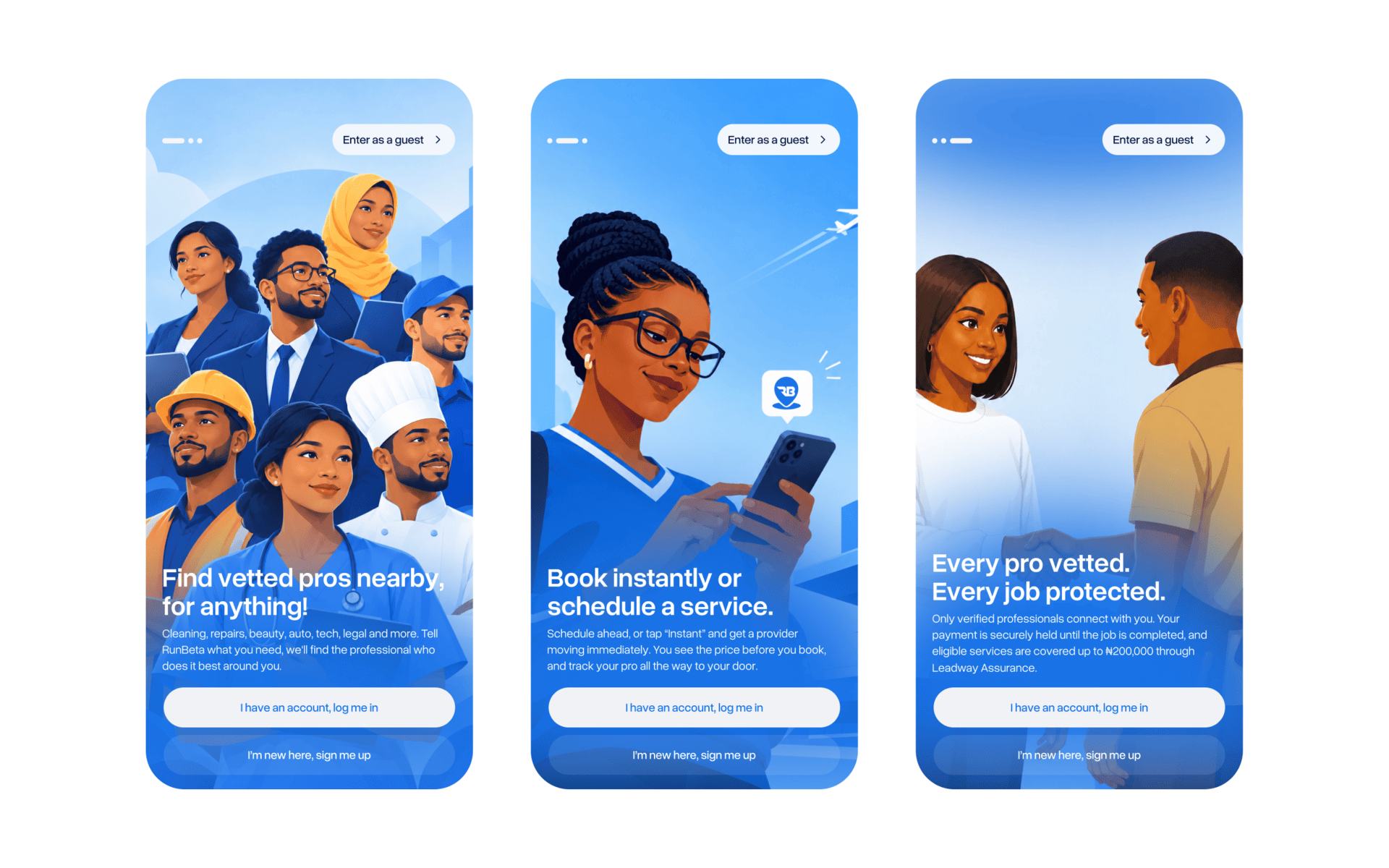 RunBeta onboarding, alternating between the three intro screens and the sign-up and verification flow